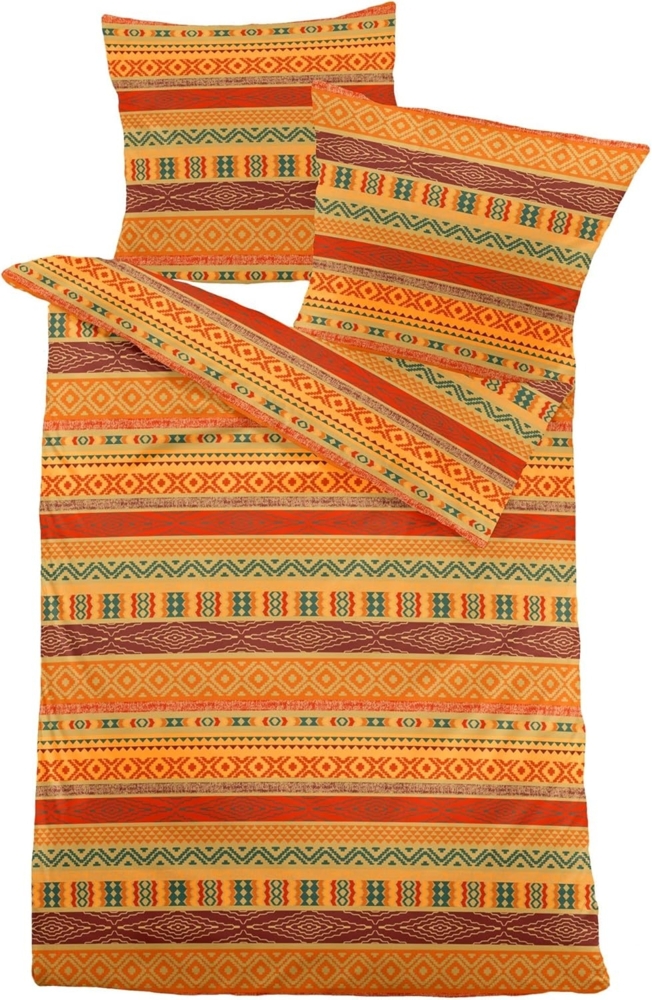 Dormisette Bettwäsche 135x200cm Orientalisch Streifen Punkte Orange, Biber, 2 teilig, Edelbiber, mit Reißverschluss Bild 1