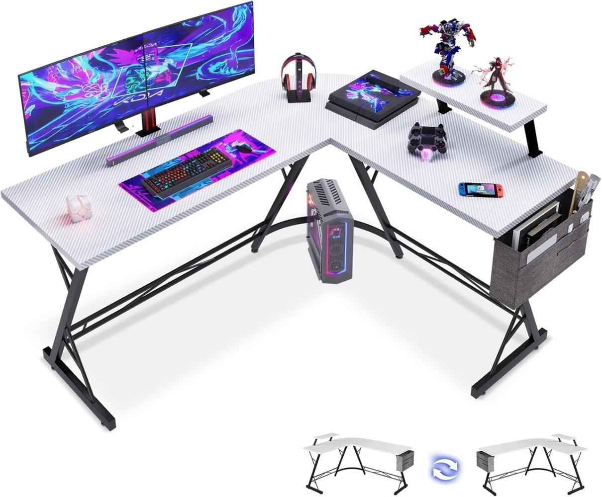 ODK L-förmiger Gaming-Schreibtisch mit runder Ecke, Schreibtisch mit Monitorständer, Computertisch für Home-Office, L-Schreibtische Arbeitsplätze (Kohlefaser Helles Weiß Desk, 147 x 120 cm) Bild 1