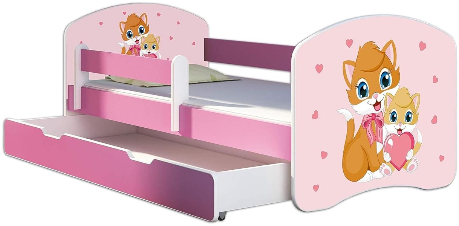 Kinderbett Jugendbett mit einer Schublade und Matratze Rausfallschutz Rosa 70 x 140 80 x 160 80 x 180 ACMA II (33 Miezekatzen, 80 x 180 cm mit Bettkasten) Bild 1