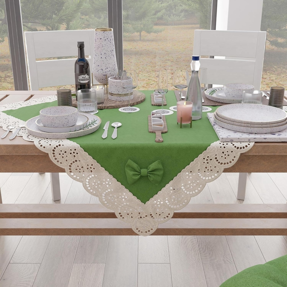 PETTI Artigiani Italiani - Elegante Mitteldecke, Tischdekoration für die Küche, unifarben mit Rüschen aus Sangallo-Spitze und Schleifen, Mittelstück aus Baumwolle, Mitteldecke 95x95 cm Bild 1