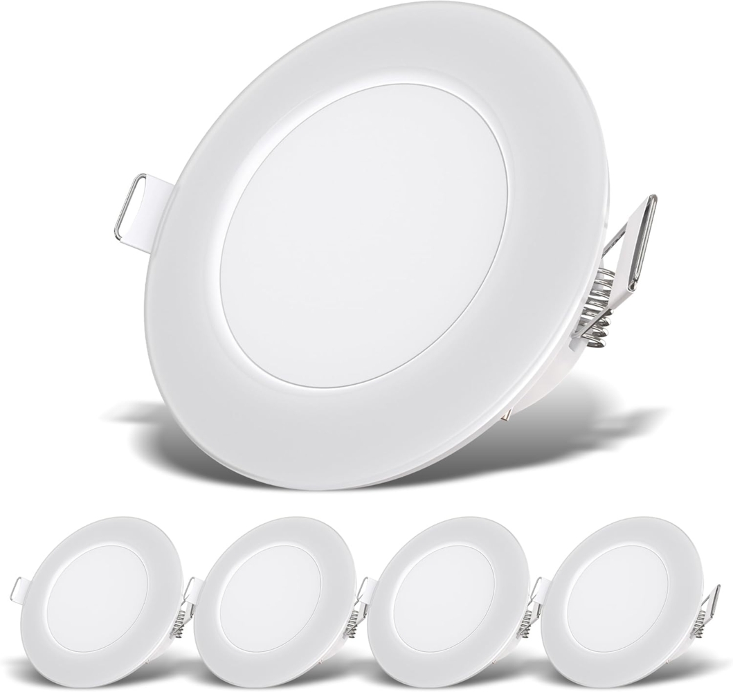 B.K.Licht - 5er Set LED Bad Einbaustrahler 230V flach, IP65, neutralweiße Lichtfarbe, Lochmass 68mm, LED Spot, Deckenspots, Spots, Einbauleuchten, Einbauspots, Badezimmer, 86x30 mm, Weiß Bild 1