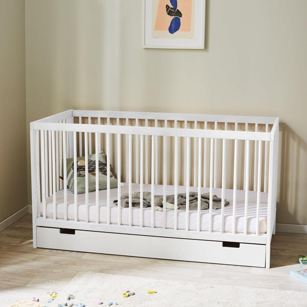 Babybett Kinderbett Gitterbett 70x140 höhenverstellbar & herausnehmbare Sprossen, mit Schublade,| Buchenholz weiss sehr stabil Made in Europe Bild 1