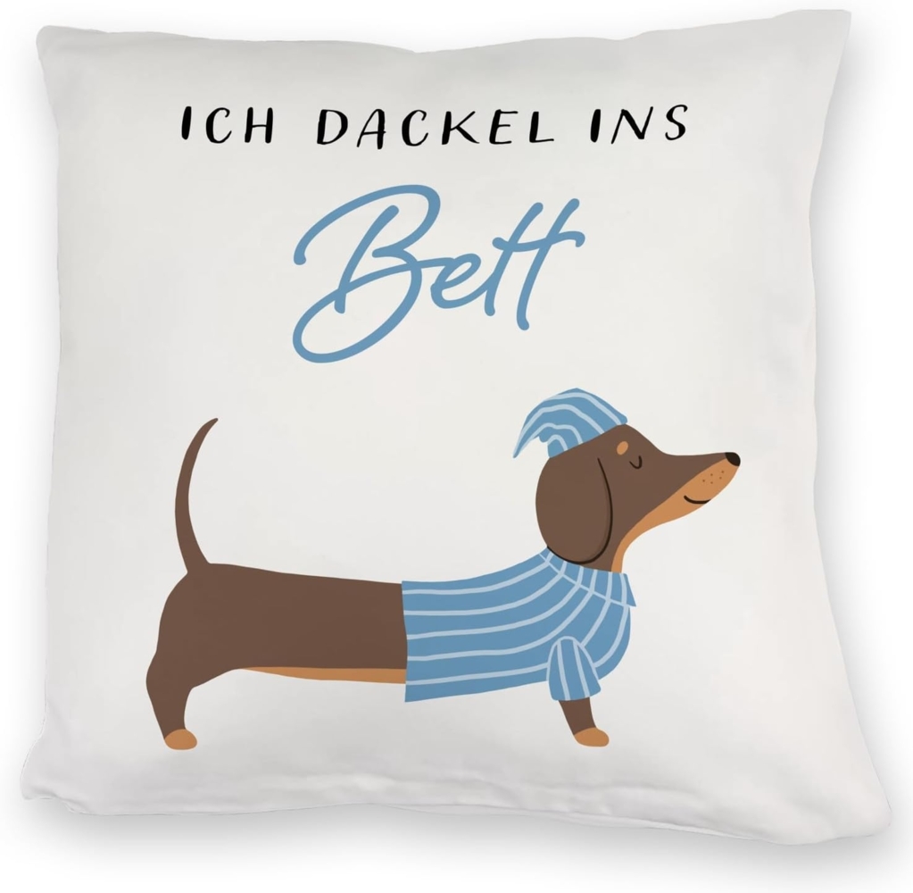 speecheese Dekokissen Dackel mit Pyjama Kuschelkissen mit Spruch Ich dackel ins Bett Bild 1