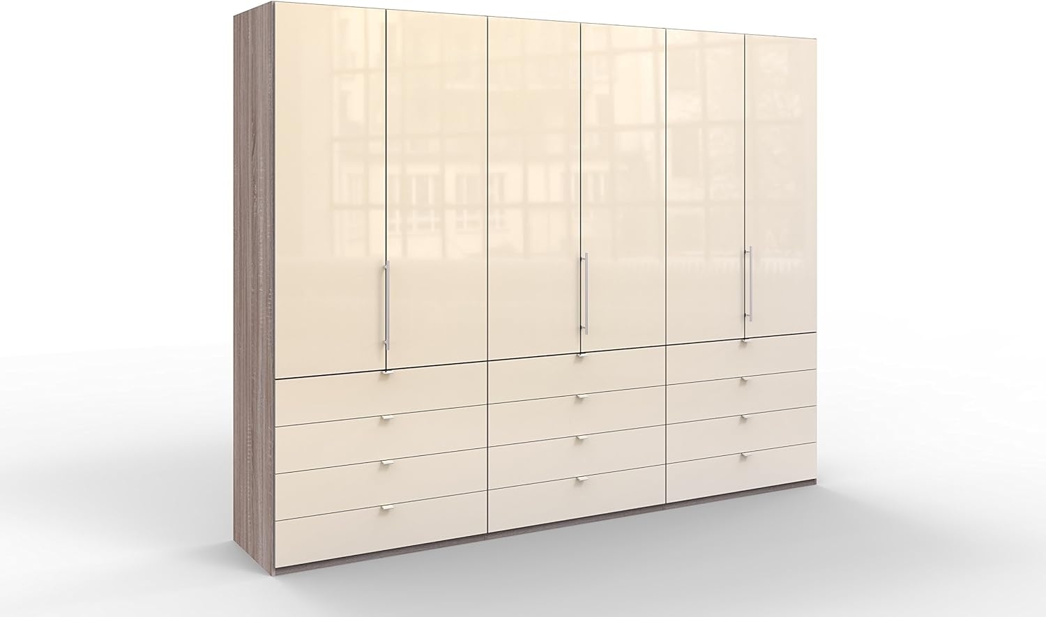 WIEMANN Loft Kleiderschrank, Schlafzimmerschrank, Gleittürenschrank, Drehtürenschrank, mit Schubladen, Glas magnolie, Trüffeleiche, Holz, B/H/T 300 x 236 x 58 cm Bild 1