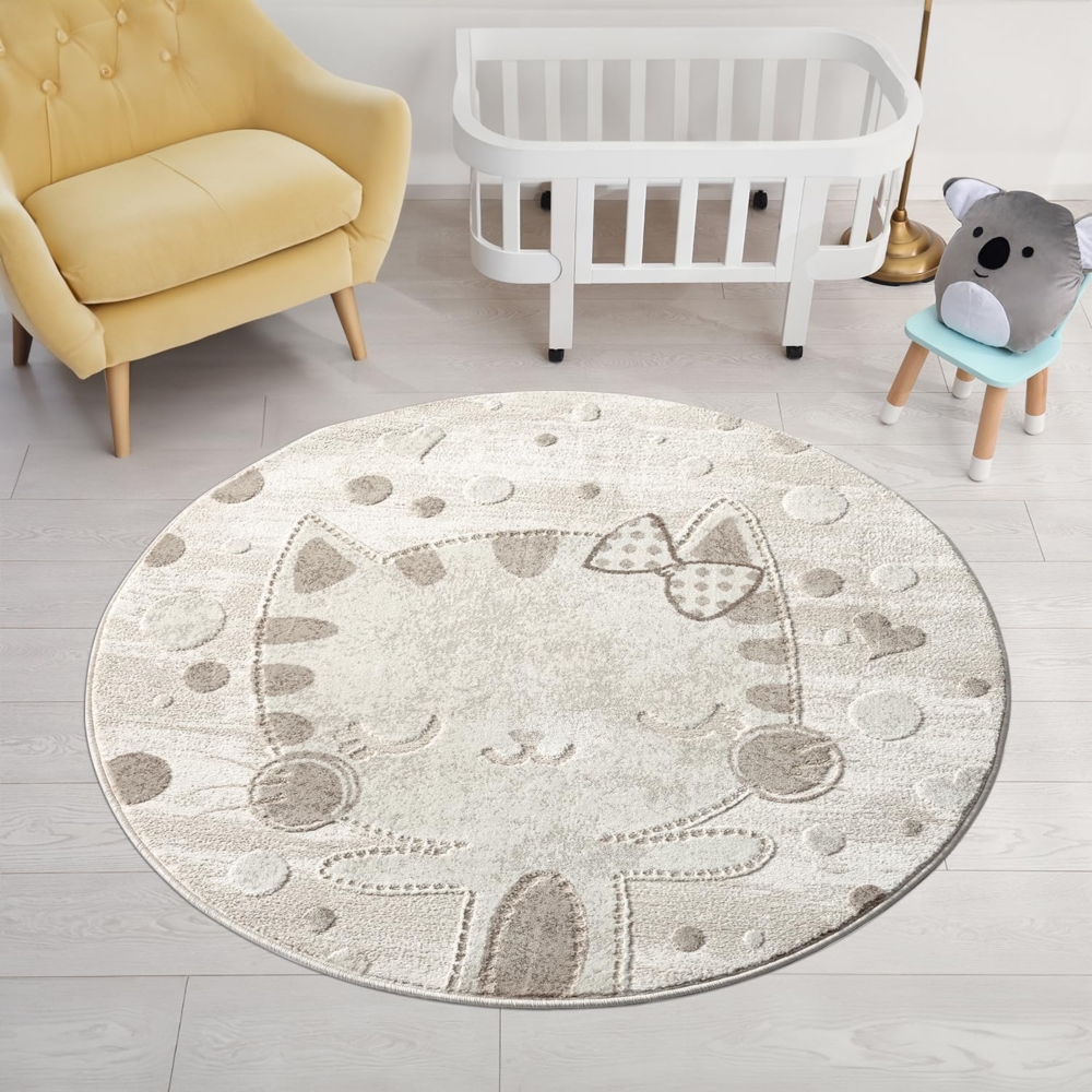 Teppich Kinderzimmer Rund - 120x120cm - Pastell Beige Creme - Kurzflor Spielteppich mit einer niedlichen Katze - Motiv Bild 1