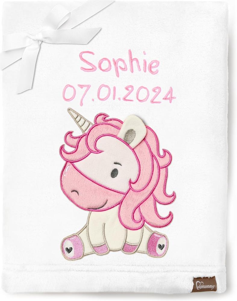 Be Mammy Personalisierte Babydecke mit 3D Applikation Warme Kuscheldecke mit Namen und Geburtsdatum; Perfektes Baby Geschenk; Blanket; Krabbeldecke BE20-280 (Weiß - Einhorn) Bild 1