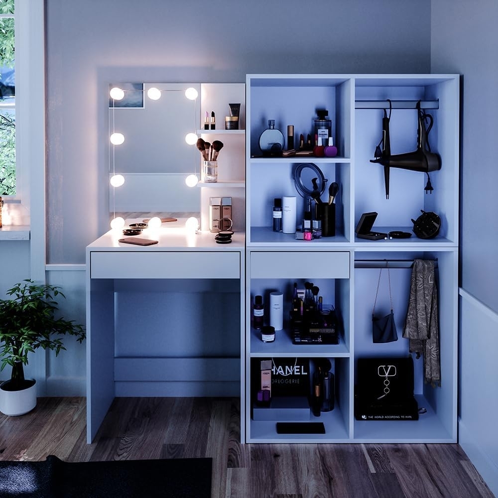 Schminktisch Isabelle Weiß 140 cm mit LED Beleuchtung und Schränken Vicco Bild 1