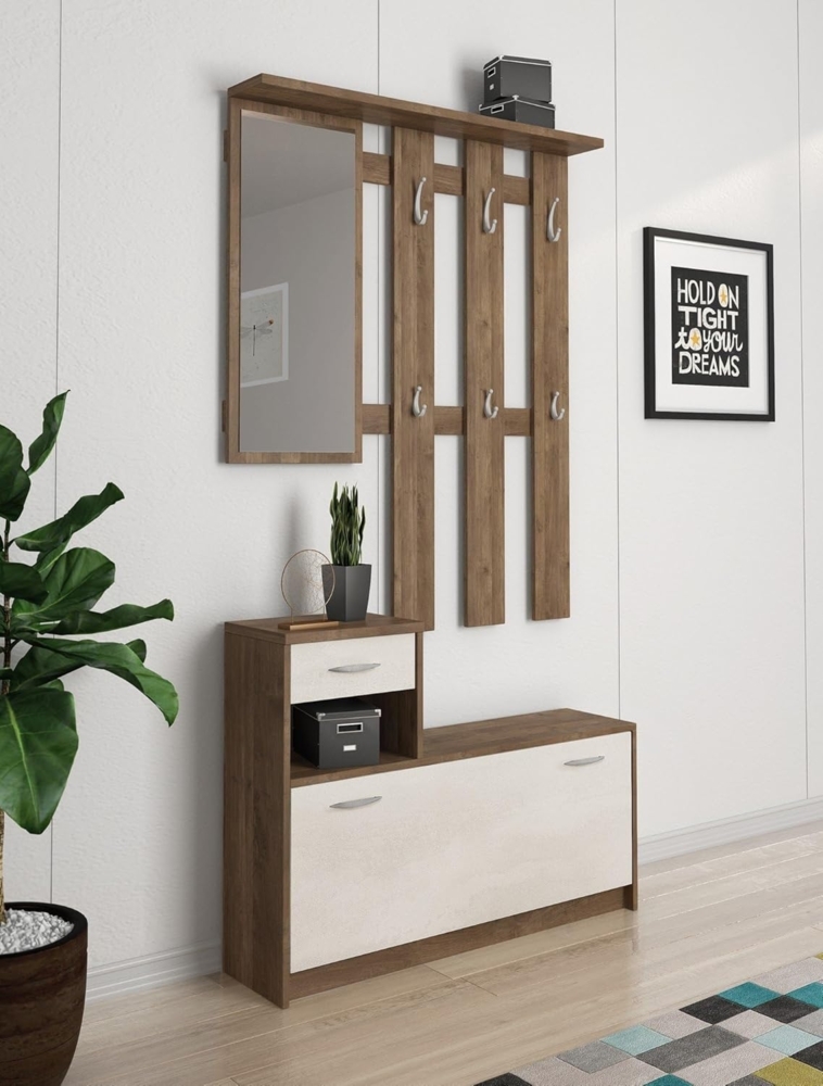 Dmora - Eingangsmöbel Sargassi, Moderner Eingang, Wandgarderobe, Multifunktions-Aufbewahrungskonsole, 100x26h190 cm, Weiß und Eiche Bild 1