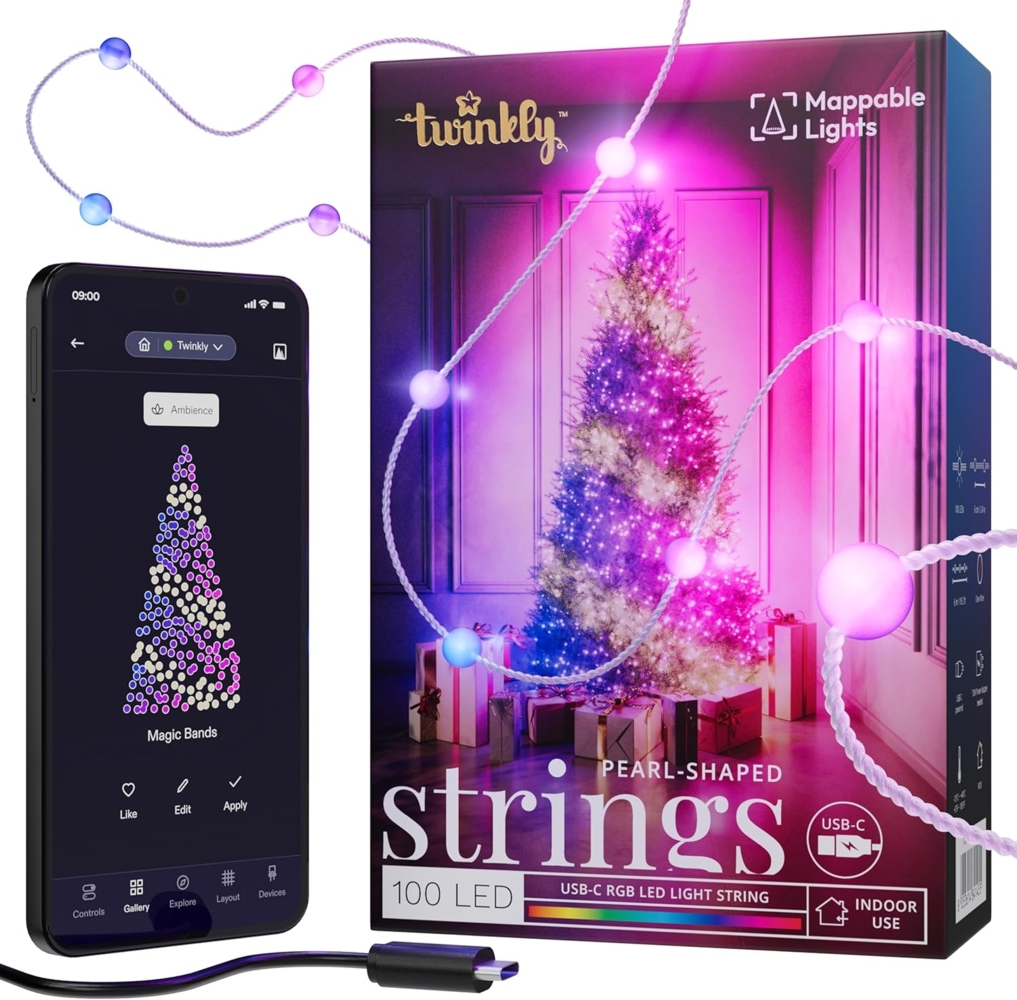 Twinkly Strings Pearls 100 LED, LED-Lichterkette in Perlenform, RGB LED-Lichter Mehrfarbig, Kompatibel mit Alexa & Google Home, Gaming-Lichter, Stromversorgung über USB-C, Transparentes Kabel, 6m Bild 1