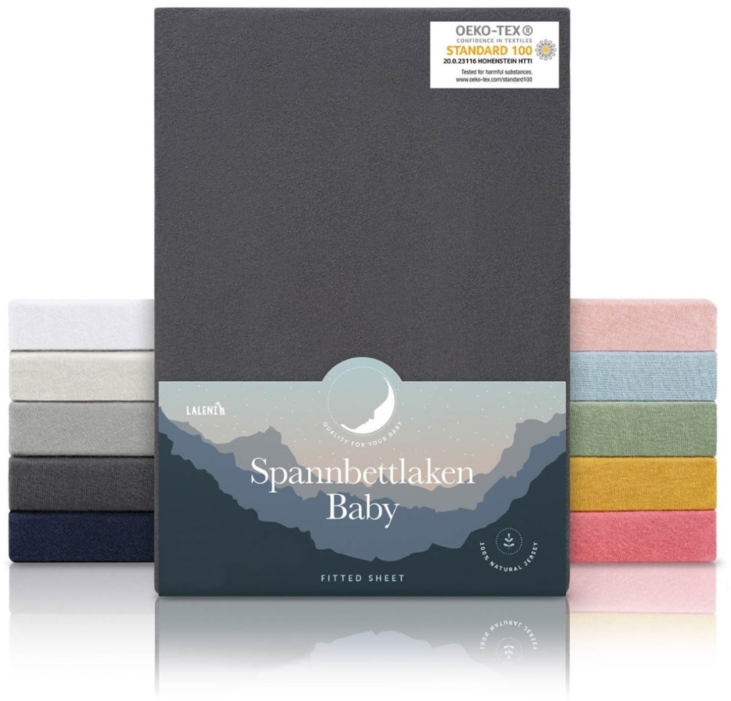 Laleni Jersey Spannbettlaken 28x73 cm - 30x76 cm Babybett 2er Set - Oeko-TEX zertifiziertes Spannbettlaken - Stubenwagen Bezug 100% Baumwolle - Spannbettlaken Kinderwagen - Baby Bettwäsche I Anthrazit Bild 1