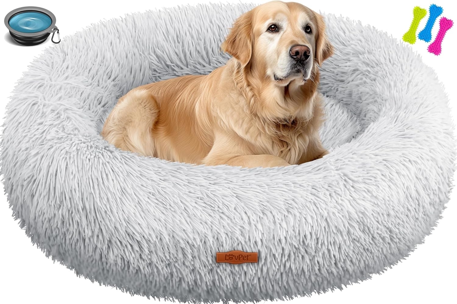 LOVPET® Hundebett Hundekissen Katzenbett Bagel, Waschbar, Inkl. Napf + 3x Kauknochen, Hundesofa flauschig Kissen Rund aus Plüsch für Kleine, Mittelgroße & Große Hunde, Katzen Hellgrau, XXL (80 x 80 cm) Bild 1