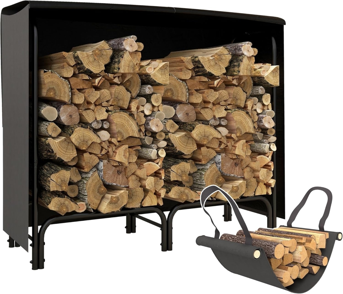 Outsunny Kaminholzregal Brennholzregal mit Tragetasche, Abdeckung, BxTxH:120 x 36 x 99 cm, (Holzlager, 1-St, Kaminholzunterstand), für Garten, Terrasse, Metall, Schwarz Bild 1