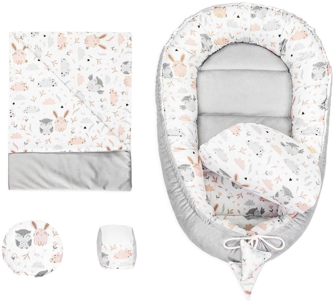 Babynestchen Set Neugeborene 90x50 cm Velvet - Kuschelnest Baby Nestchen 5-teilig Kokon Eulen und Hasen Grau Bild 1