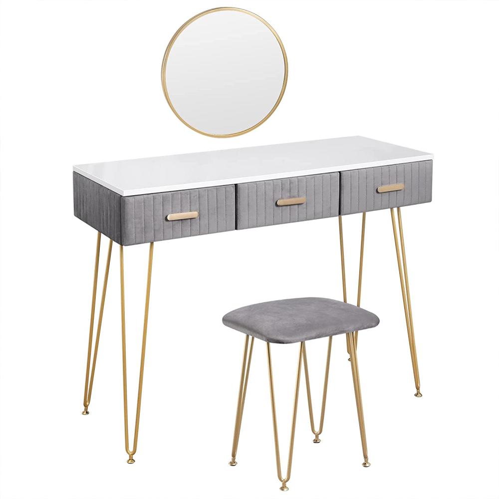 WOLTU Schminktisch mit Hocker Spiegel Frisiertisch mit Schubladen Große Tischplatte 100x40 cm, Modern Kosmetiktisch für Schlafzimmer Grau MB6080gr Bild 1