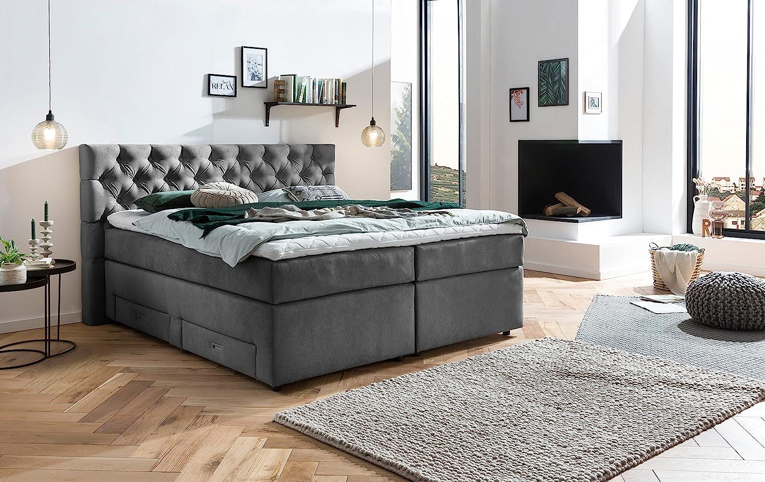 Belanoti ® Lara Boxspringbett 160x200 mit 4 Schubladen Stauraum Bett 180x200 mit Bettkasten in der Farbe Dunkelgrau H2/H3 Chesterfield Kopfteil 7-Zonen Taschenfederkern Matratze inkl. Visco Topper Bild 1