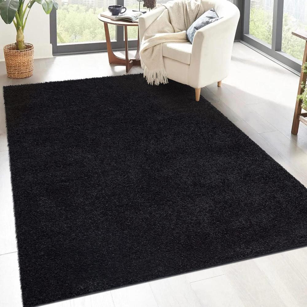 carpet city Shaggy Hochflor Teppich - 133x190 cm - Schwarz - Langflor Wohnzimmerteppich - Einfarbig Uni Modern - Flauschig-Weiche Teppiche Schlafzimmer Deko Bild 1