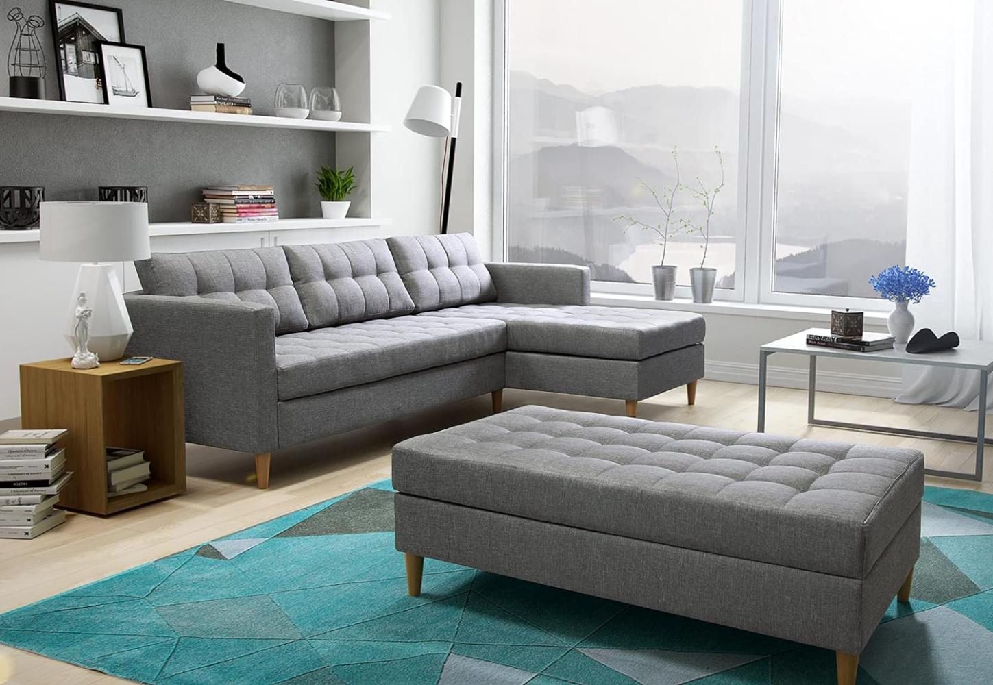 FURNIX Ecksofa NORGEN II Eckcouch mit Bettfunktion - Edle Wohnzimmersofa mit Hocker, Federkern, Holzfüßen - L-Form Sofa Links/rechts, B 220 x T 154 x H 86 cm, Bettfunktion SW 05 (dunkel grau) Bild 1