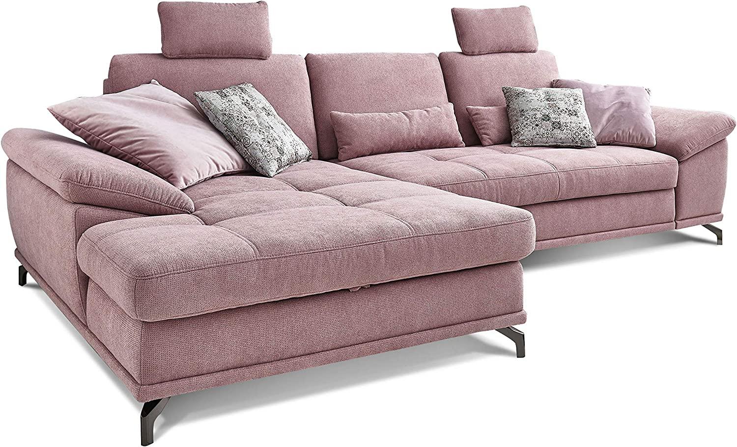 Cavadore L-Form-Sofa Castiel mit Federkern / Großes Schlafsofa in L-Form mit Bettkasten, Sitztiefenverstellung, Kopfstützen und XL-Longchair / 312 x 114 x 173 / Webstoff, Flieder-Rosa Bild 1