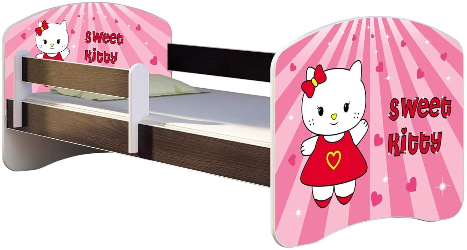 ACMA Kinderbett Jugendbett mit Einer Schublade und Matratze Wenge mit Rausfallschutz Lattenrost II 140x70 160x80 180x80 (15 Sweet Kitty, 140x70) Bild 1