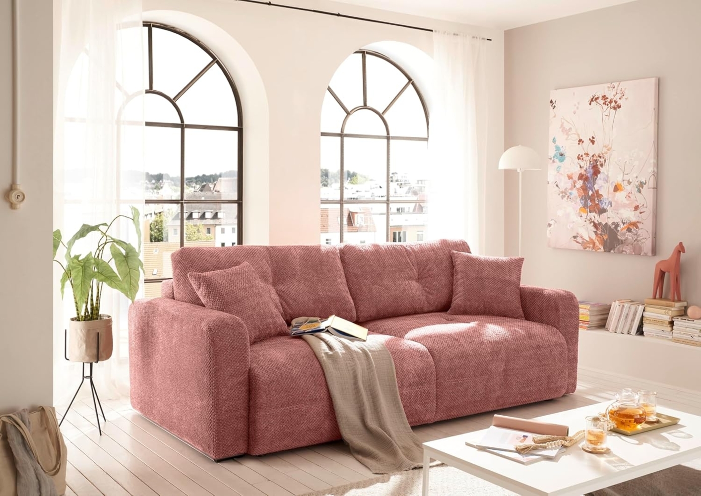 Schlafsofa Bullet von ED Exciting Design – Komfortables Mikrofaser-Sofa mit Nosagfederung Farbe Coral, Bettkasten und Liftbeschlag Bild 1