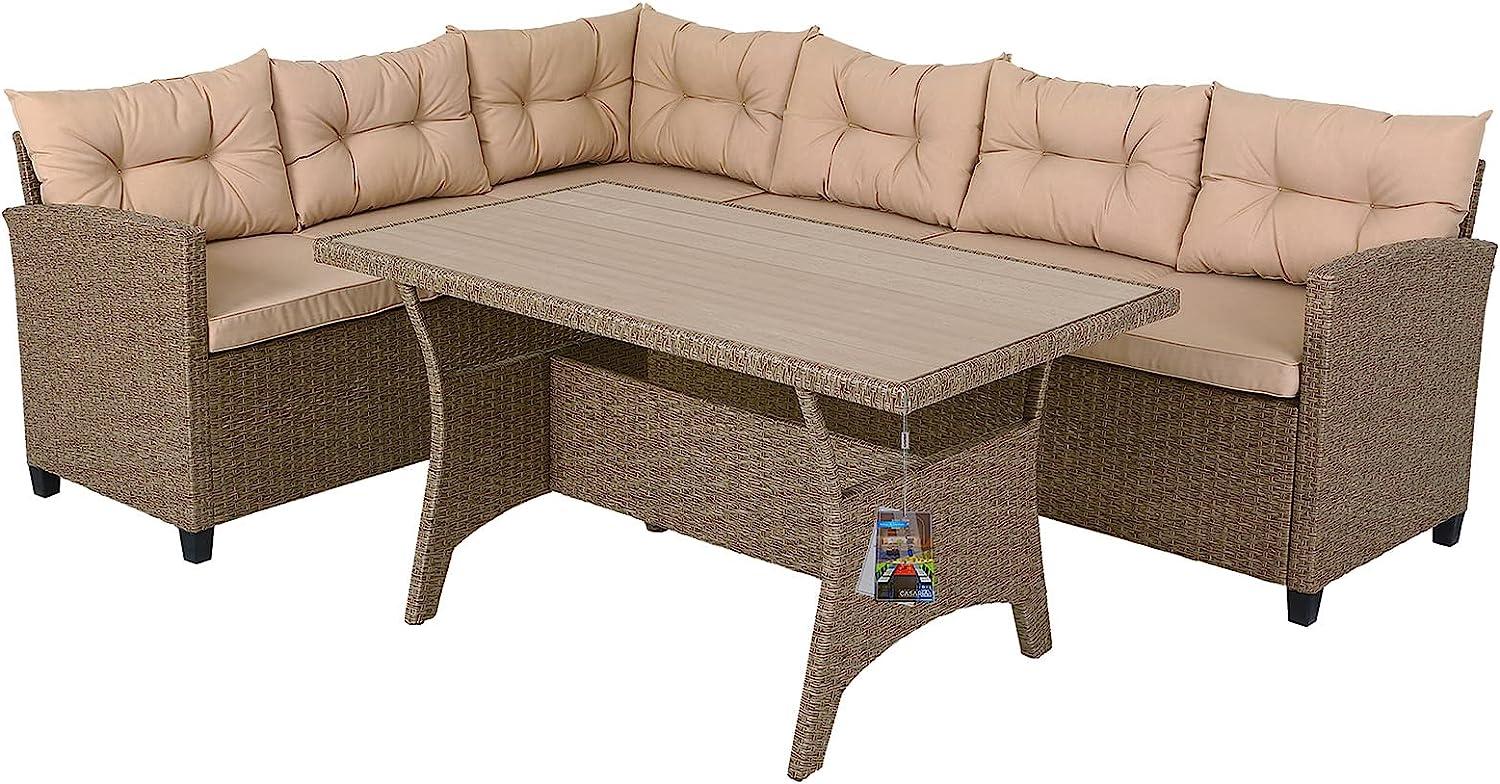 Casaria Gartenlounge-Set Lissabon, Polyrattan WPC Esstisch Eckbank 15cm Kissen 7cm Auflagen Wetterfest Bild 1