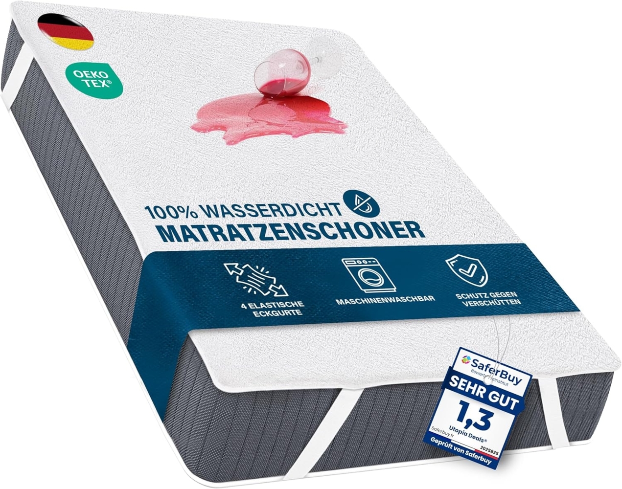 Utopia Bedding Wasserdichter Matratzenschoner 180x200 cm, Oeko-TEX Zertifiziert, Atmungsaktive Matratzenauflage, Wasserdichter Matratzenschoner mit elastischen Eckbändern, Nässeschutz Weiß Bild 1