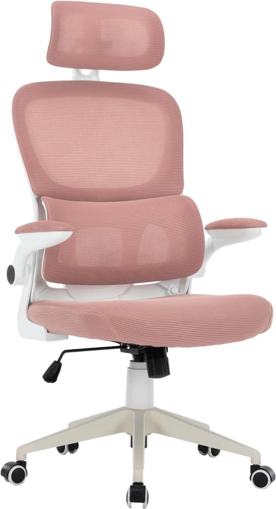 Flexibler Bürostuhl in moderner Mesh-Optik ergonomischer Schreibtischstuhl mit Nacken- und Lordosenstütze Gamingstuhl mit atmungsaktiver Netzrückenlehne und Wippfunktion Weiß/Rosa Bild 1