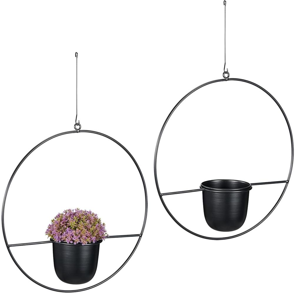 Relaxdays Blumenampel, 2er Set, Ø 34,5 cm, Metall, hängender Blumentopf, für innen & außen, Blumenhängetopf, schwarz Bild 1