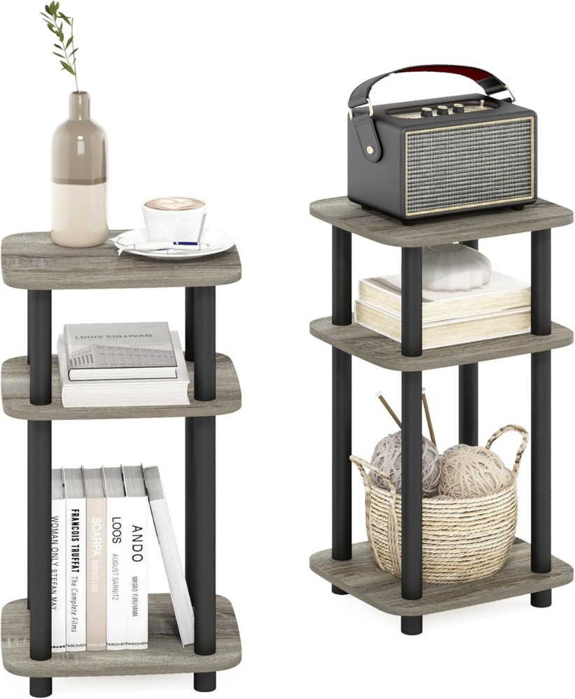 Furinno Just 3-stöckiger Turn-N-Tube Kurviger Beistelltisch, Beistelltisch, 2-Pack, Französische Eiche/Schwarz Bild 1