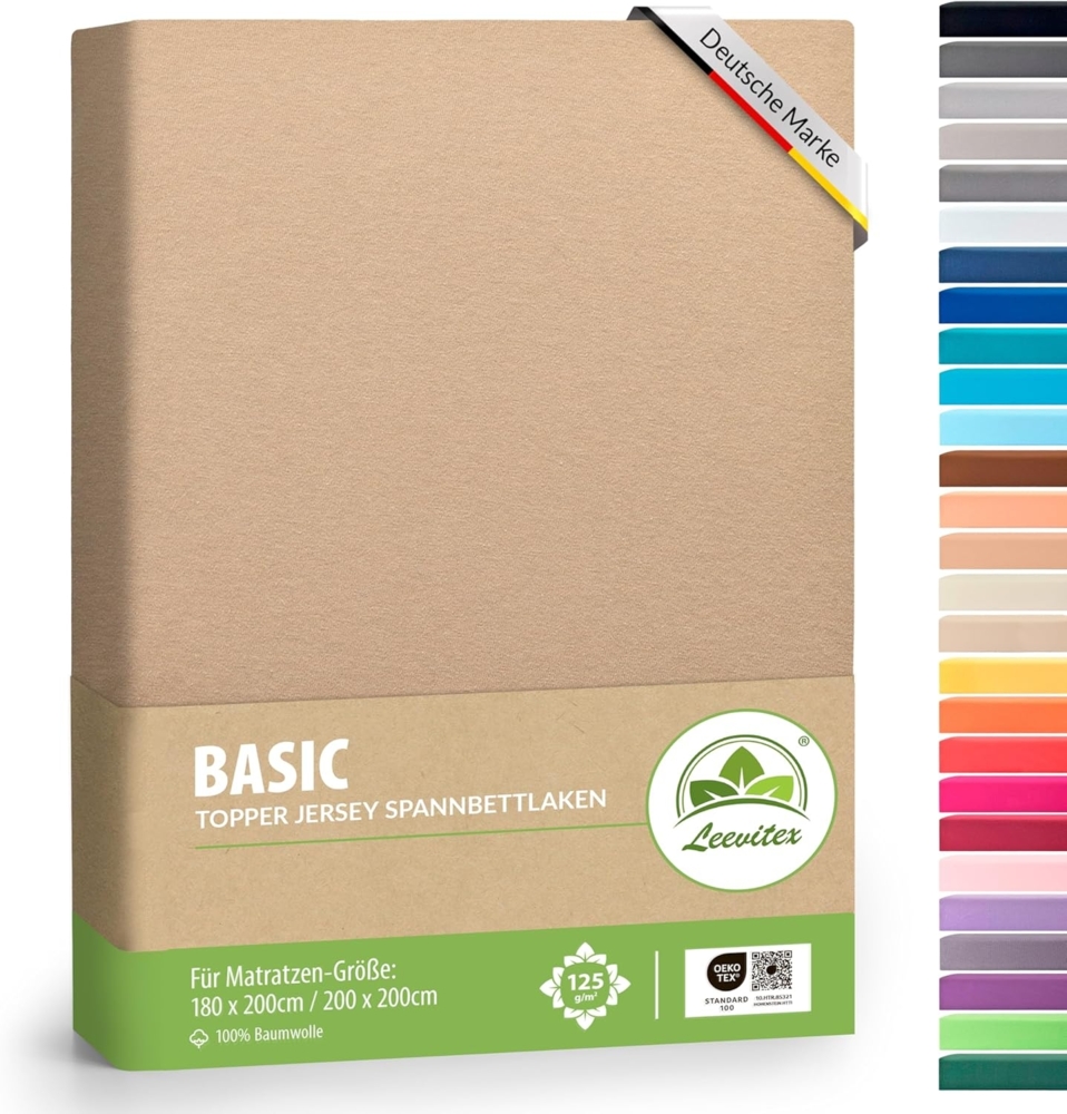 leevitex Topper Boxspringbett Spannbettlaken | 100% Baumwolle | Ökotex | 125 g/m² | 180x200 cm - 200x200 cm | Sand/Cappuccino | 18 cm Steg Bild 1