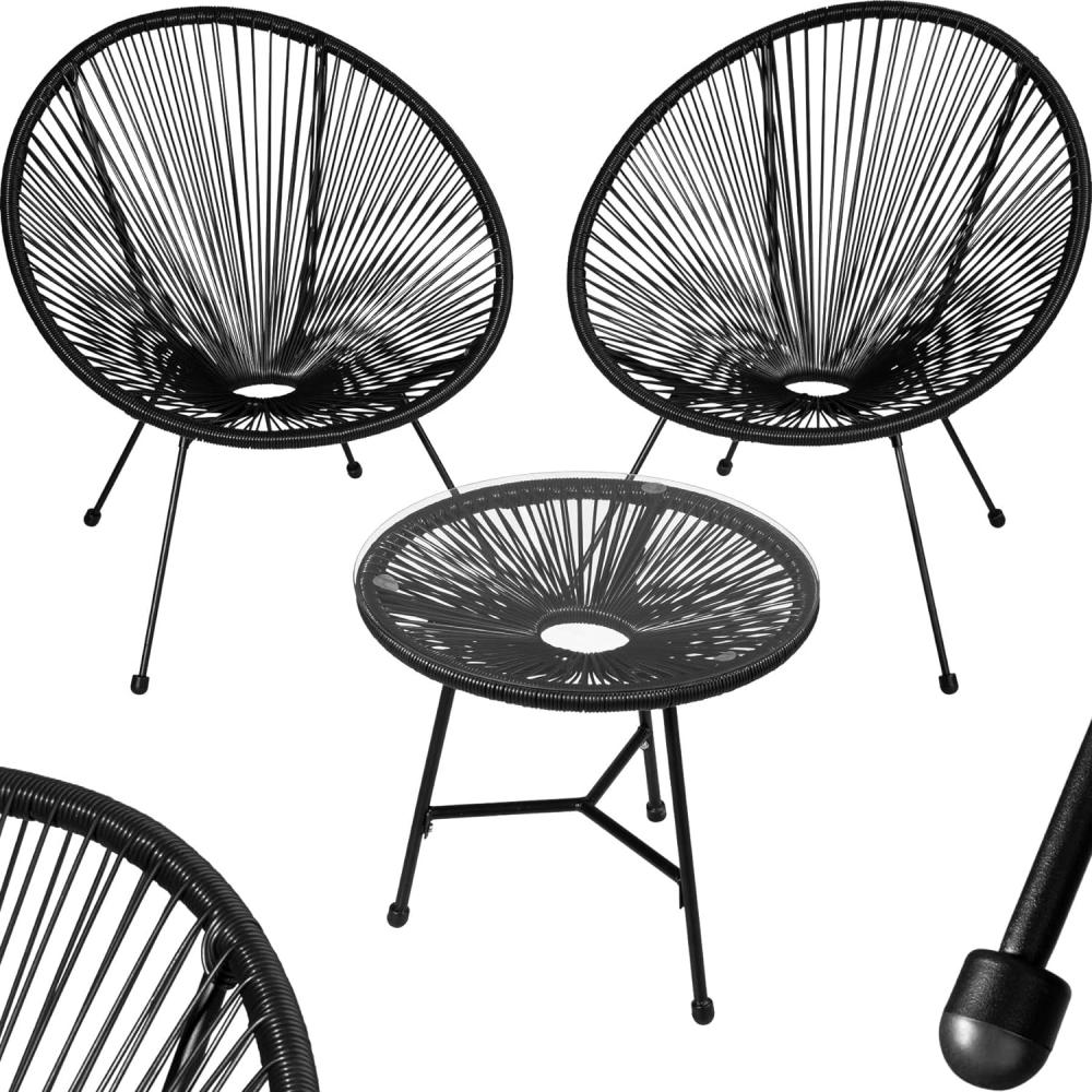 tectake® Set 2X Stuhl 1x Beistelltisch Acapulco, Gartenstuhl, Gartenstühle im Retro Design, Indoor und Outdoor Sessel für Garten, Wintergarten, als Terrassenstühle oder Balkon Sessel - schwarz Bild 1