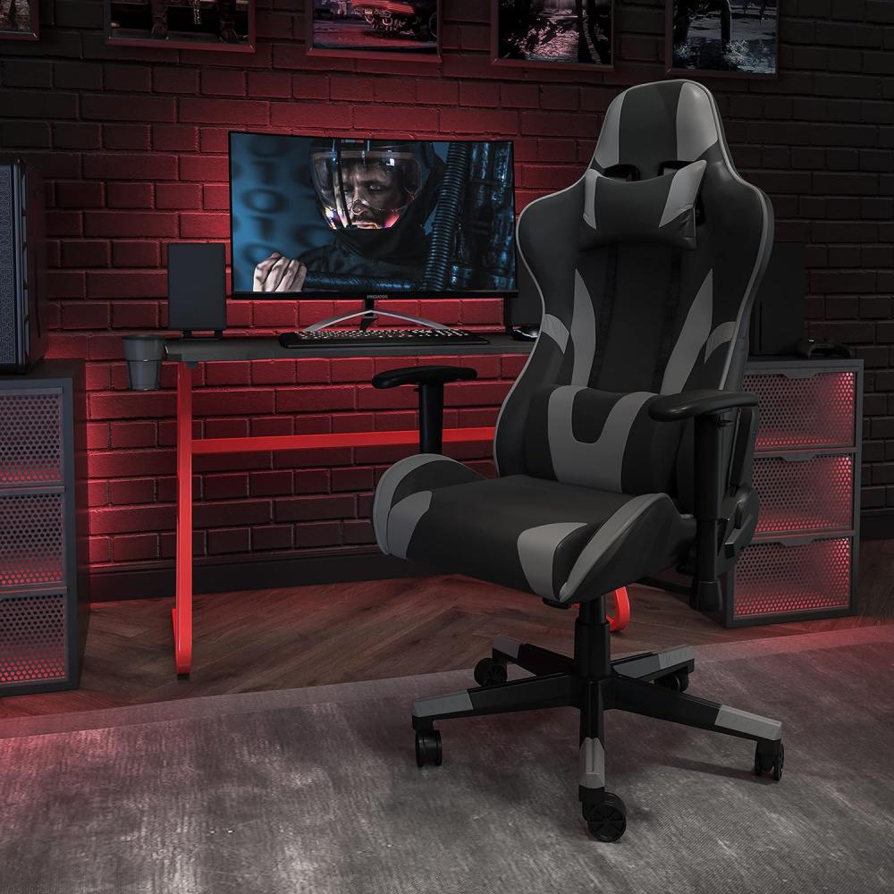 Flash Furniture Gaming Stuhl mit hoher Rückenlehne – Ergonomischer Bürosessel mit verstellbaren Armlehnen und Netzstoff – Perfekt als Zockerstuhl und fürs Home Office – Grau Bild 1