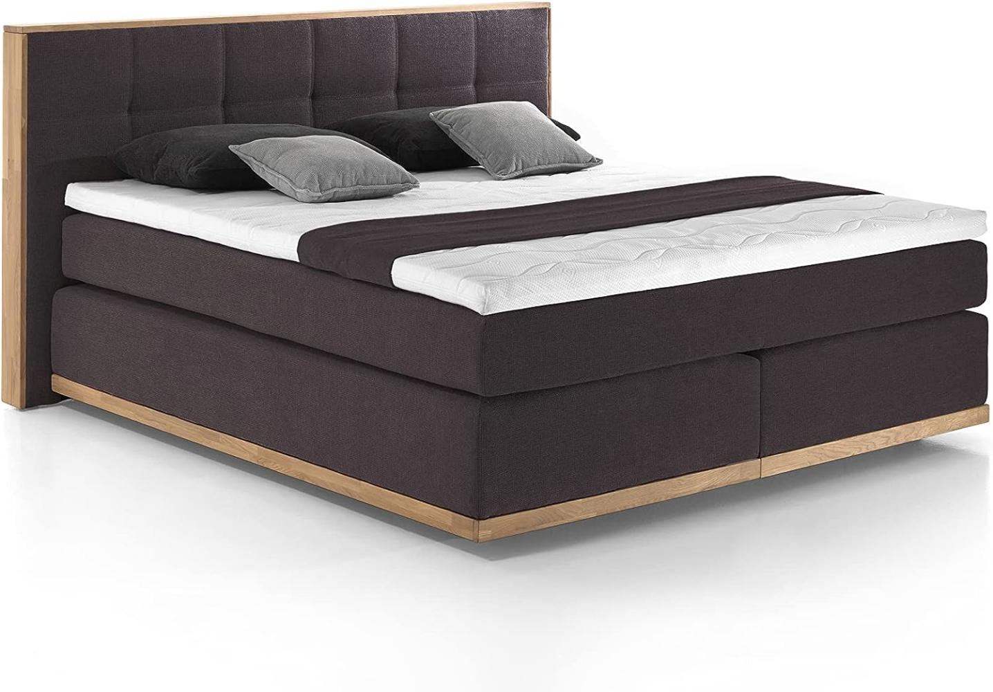 Mivano Levana Boxspringbett mit Sockel aus Eiche, 7-Zonen-Federkern, Matratzen H3 + Topper Premium, Chenille, Dunkelbraun, Liegefläche 160x200 cm Bild 1