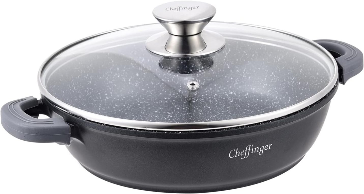Cheffinger Schmorpfanne mit Glasdeckel, Aluguss schwarz, Ø 24 cm Bild 1