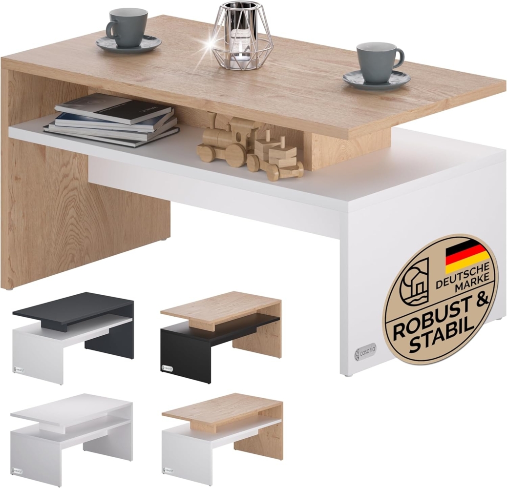 Casaria Couchtisch Sacramento, Holz Weiß Eiche mit Stauraum 95x55x50cm 2 Ablagen Matt Modern Eckig Bild 1