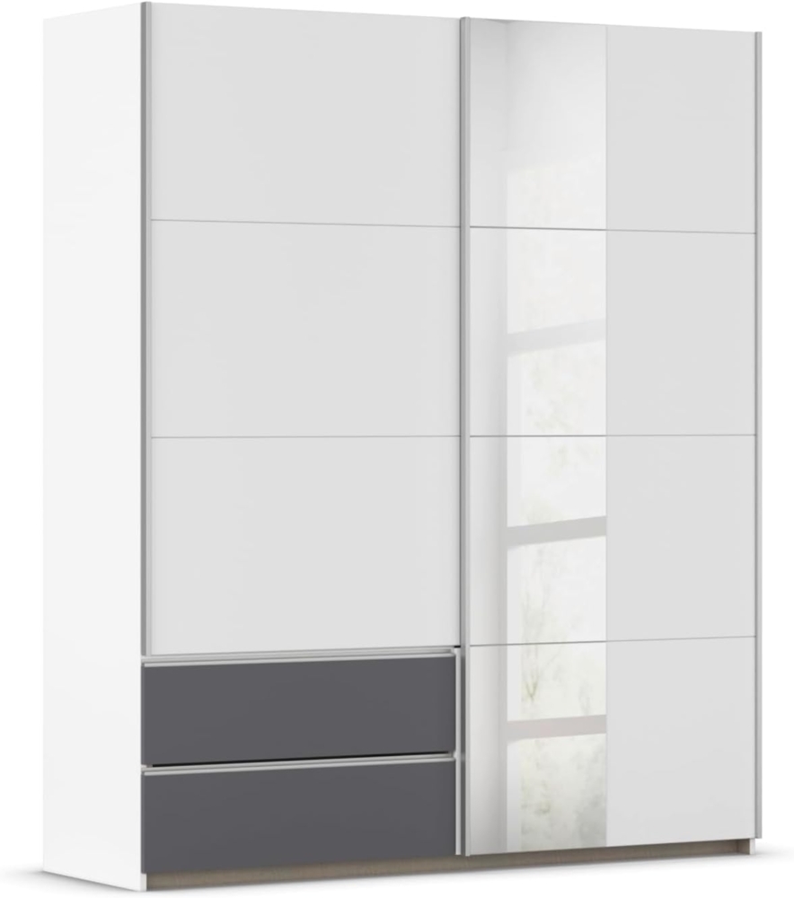 Rauch Möbel Stoke, Schwebetürenschrank, Garderobe, 2-türig, Spiegel, 2 Schubladen, Zubehör Classic, 4 Einlegeböden, Farbe Weiß/Grau metallic, Schwarz, Griffleisten Alufarben, 175 x 210 x 59 cm Bild 1