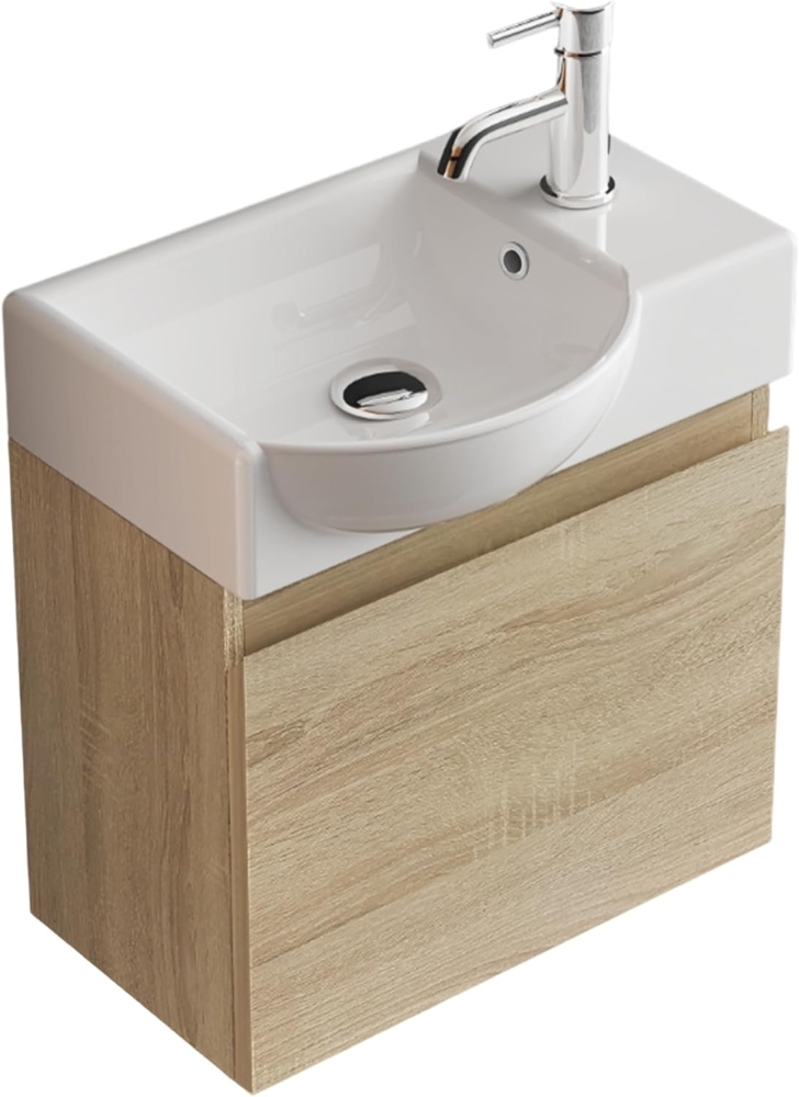 Alpenberger Badmöbel-Set - Gäste WC Waschbecken mit Unterschrank 45 cm Breit, (Badschrank 2-tlg, Waschtisch hängend), Waschbeckenunterschrank mit Softclose - Eiche Hell - Links Becken Bild 1