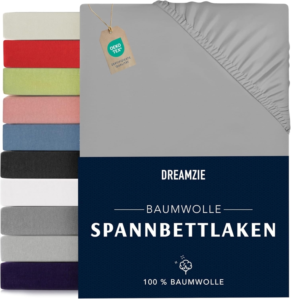 Dreamzie - Spannbettlaken 180x200 cm - Baumwolle Oeko Tex Zertifiziert - Grau - 100% Jersey Spannbettlaken 180x200 cm Baumwolle Bild 1