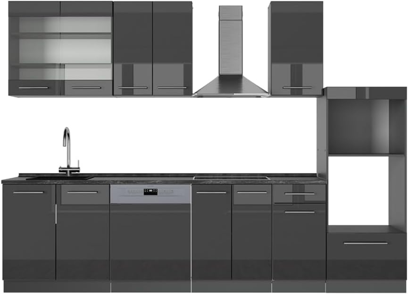 Küchenzeile Fame-Line Anthrazit Hochglanz 300 cm mit Hochschrank, ohne Arbeitsplatte Vicco Bild 1