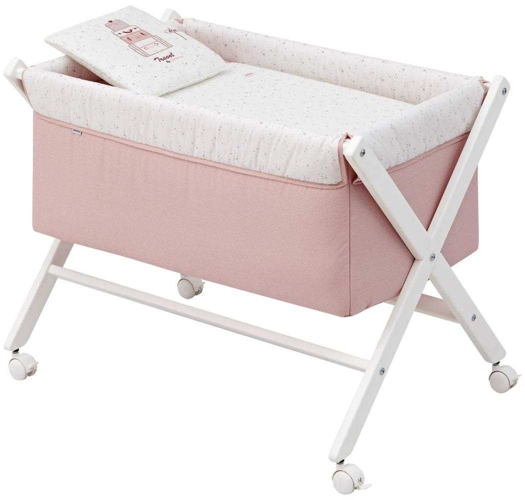 Cambrass Mini-Kinderbett mit gekreuzten Beinen und Rollen mit Bremsen - Kinderwagen für die ersten Monate des Babys - leicht zu tragen - Mini-Kinderbett Schere Holz 55 x 87 x 74 cm Sky Rosa/Weiß Bild 1