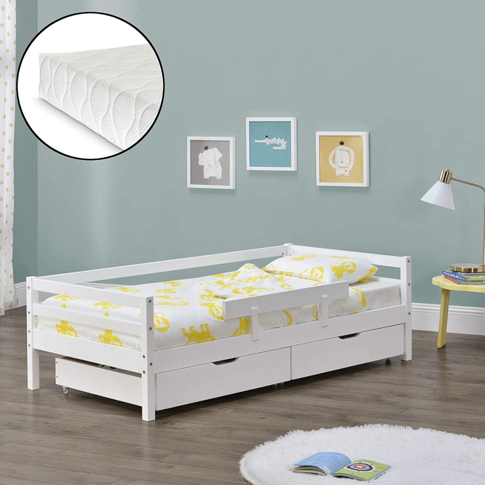 [en.casa] Kinderbett weiß, mit Matratze und 2 Bettkästen 90x200 cm Bild 1