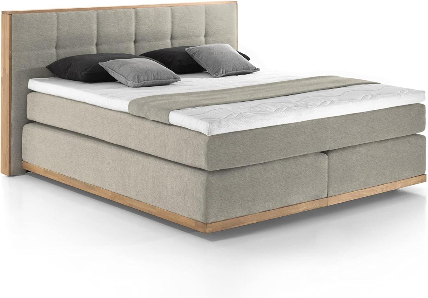 Mivano Levana Boxspringbett mit Sockel aus Eiche, 7-Zonen-Federkern, Matratzen H2/H3 + Topper Premium, Chenille, Beige, Liegefläche 180 x 200 cm Bild 1