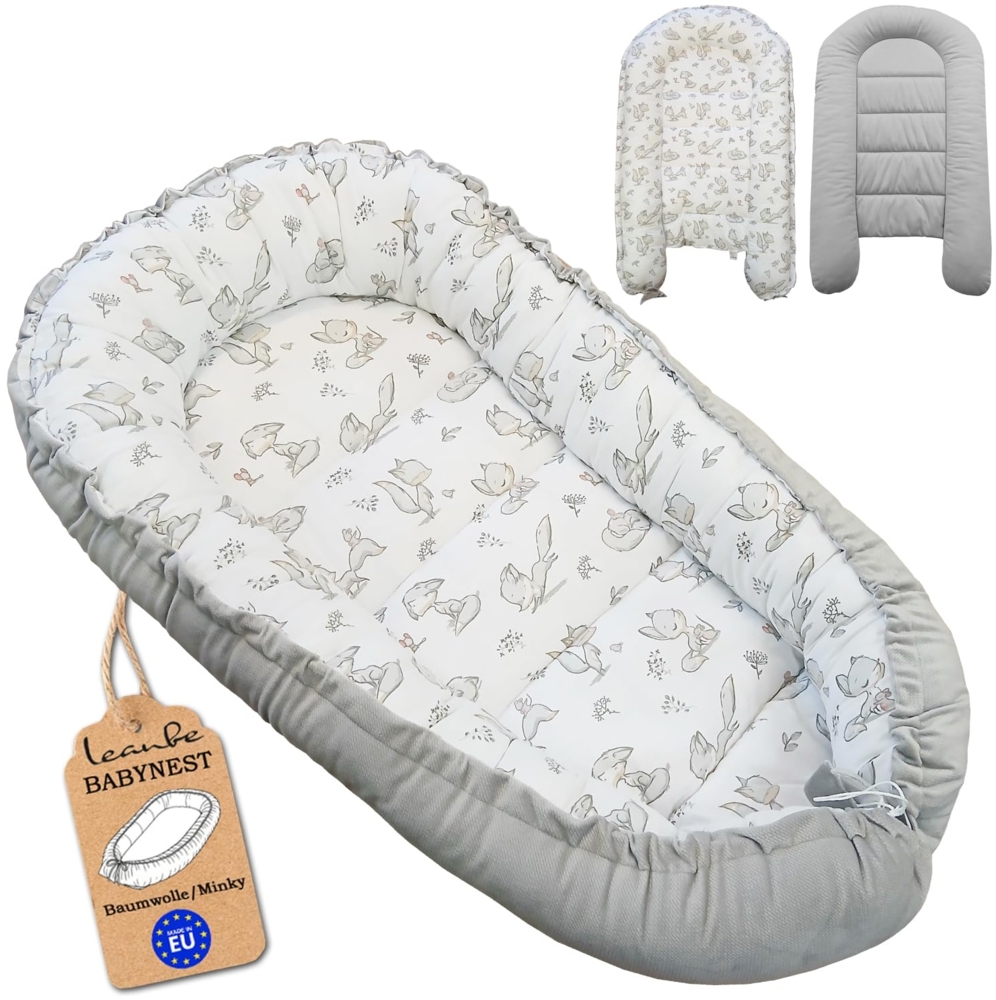 Leanbe Babynest 90x50 cm – Nestchen für Neugeborene aus Baumwolle & Polyester – Kuschelnest fürs Baby, ideal für Herbst & Winter – Babybett für Indoor & Outdoor (Grau) Bild 1