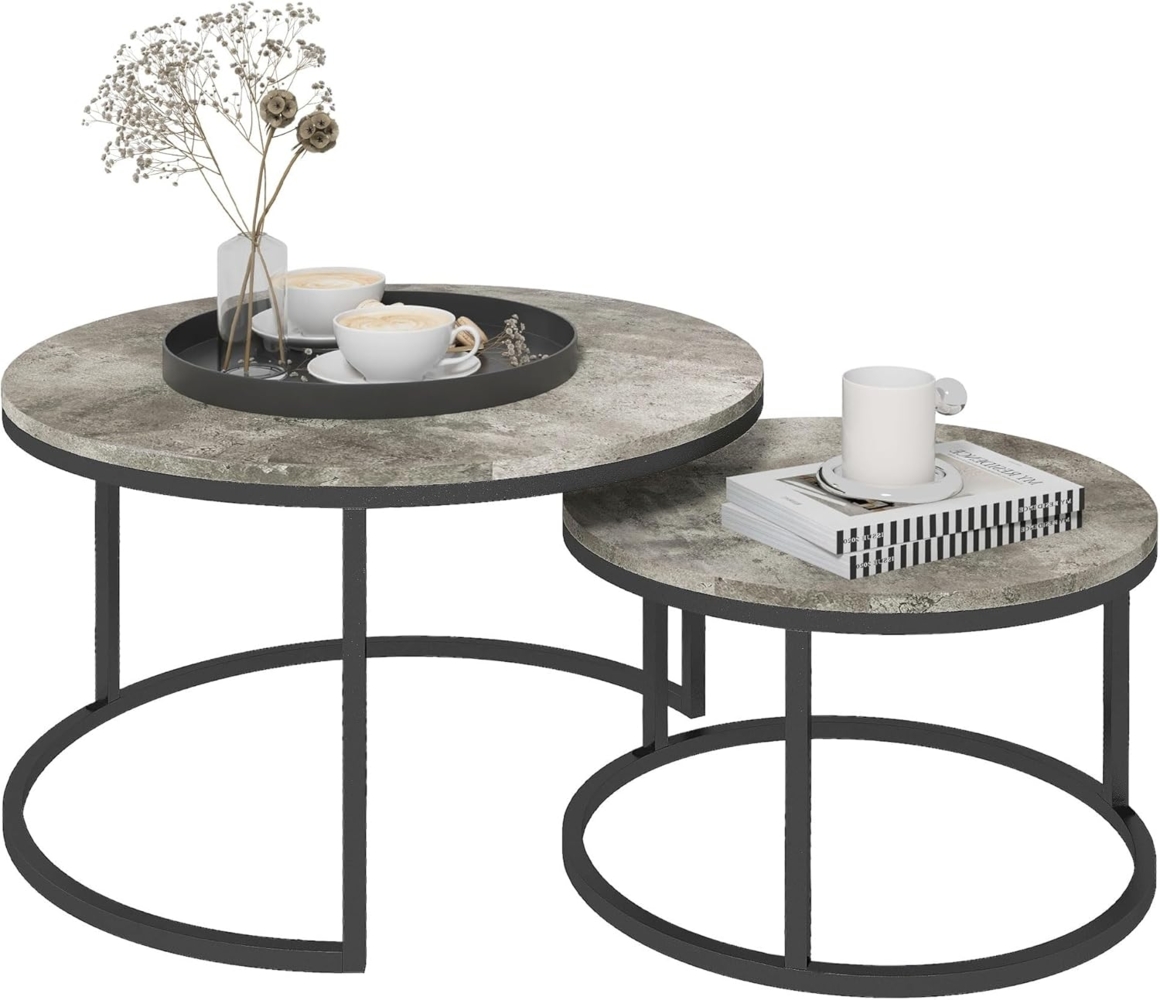 HOMCOM Couchtisch 2er Set, stapelbar, in Marmoroptik, mit Metallgestell (Sofatisch, 2-St, Beistelltisch), für Wohnzimmer, Schlafzimmer, Balkon, Grau Bild 1