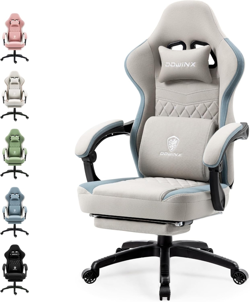 Dowinx Gaming Stuhl Stoff mit Gel-Pad, Massage Gaming Sessel mit Fußstütze, Ergonomischer PC Stuhl Gamer Stuhl mit Aufbewahrungstasche, Bürostuhl 150 kg Belastbarkeit, Grau Bild 1