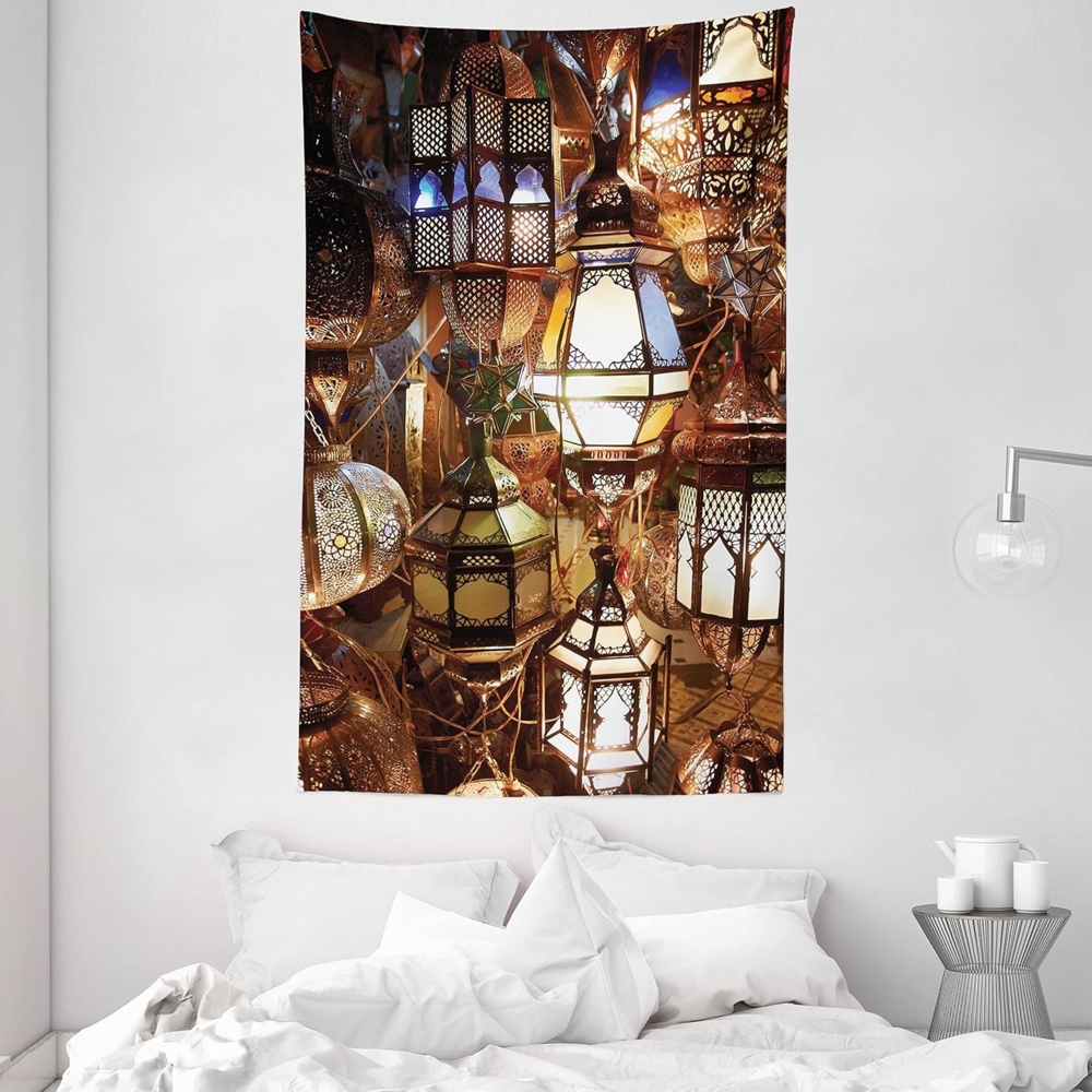 ABAKUHAUS Marokkanisch Wandteppich, Laternen Souk Abend Kultur Historische Reiseziele, aus Weiches Mikrofaser Stoff Wand Dekoration Für Schlafzimmer, 140 x 230 cm, Braun Violett Grün Bild 1