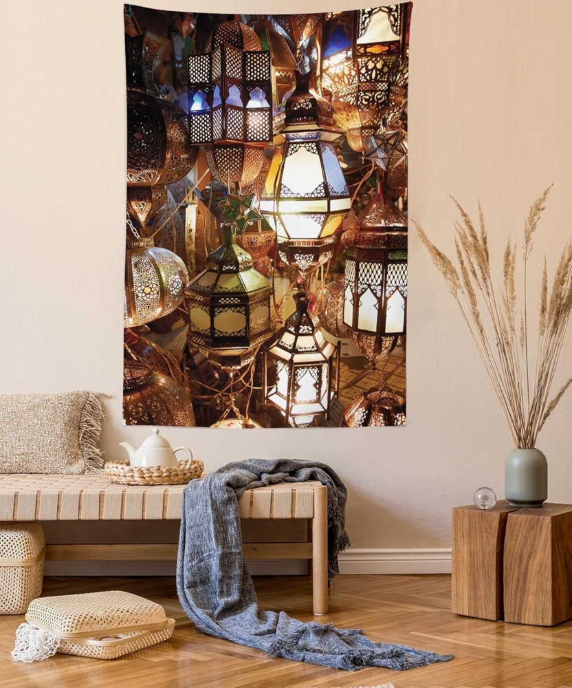 ABAKUHAUS Marokkanisch Wandteppich, Laternen Souk Abend Kultur Historische Reiseziele, aus Weiches Mikrofaser Stoff Wand Dekoration Für Schlafzimmer, 140x230 cm, Braun Violett Grün Bild 1