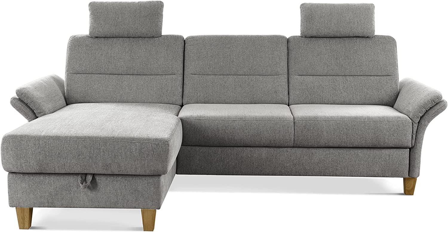 CAVADORE Schlafsofa Wyk mit Federkern / Ecksofa im Landhaus-Stil mit Longchair, Bett, Bettkasten, Armteilfunktion + 2 Kopfstützen / 252 x 90 x 162 / Chenille, Hellgrau Bild 1