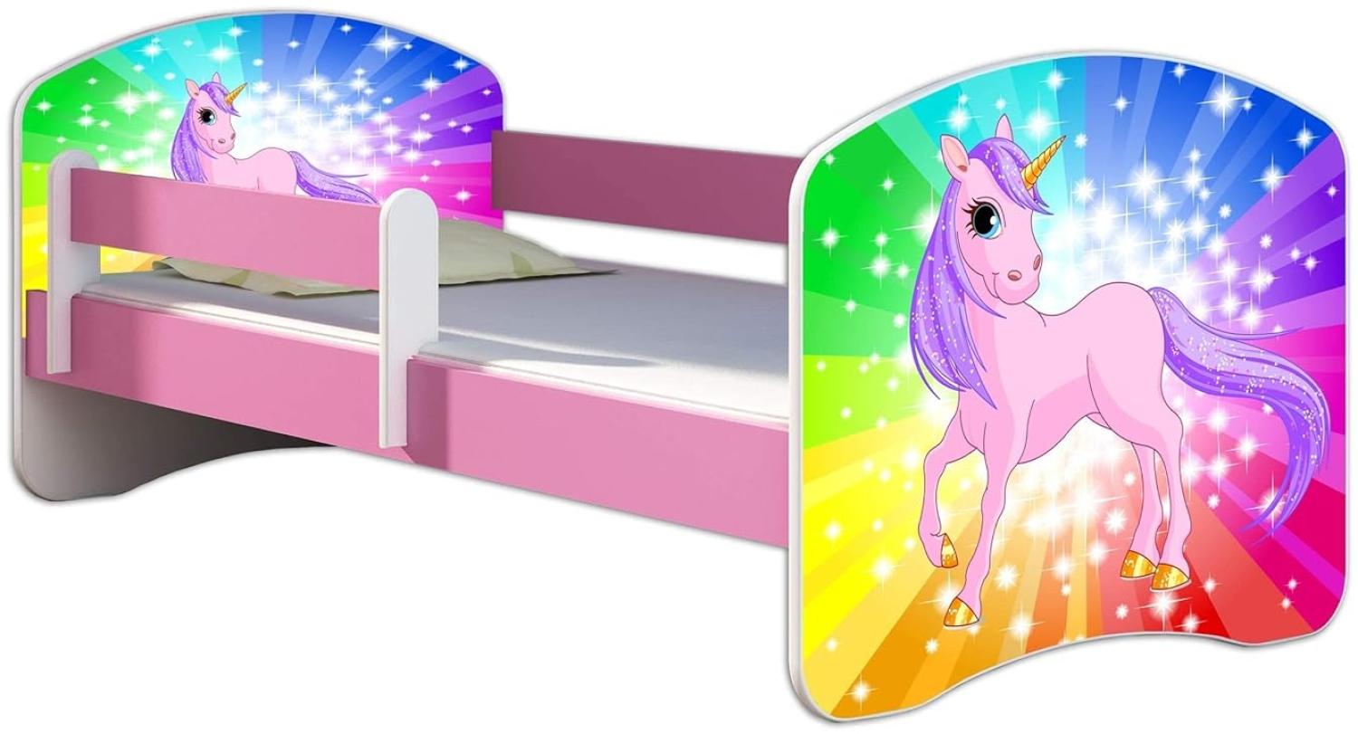 Kinderbett Jugendbett mit einer Schublade und Matratze Rausfallschutz Rosa 70 x 140 80 x 160 80 x 180 ACMA II (18 Pony Regenbogen, 80 x 180 cm) Bild 1