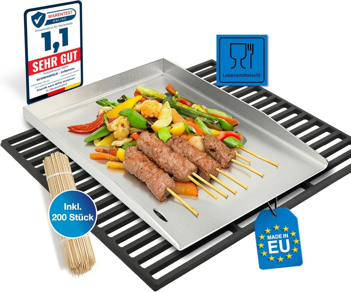 Schwanfeld Grillplatte Plancha 40x30cm - [ESSENS-FALLSCHUTZ & ANTI-HAFT] - Premium Grillmatte (inkl. 200 Grillspieße aus Holz - Gesundes Grillen - Hochwertiger 2mm Edelstahl - Grillplatte Gasgrill) Bild 1